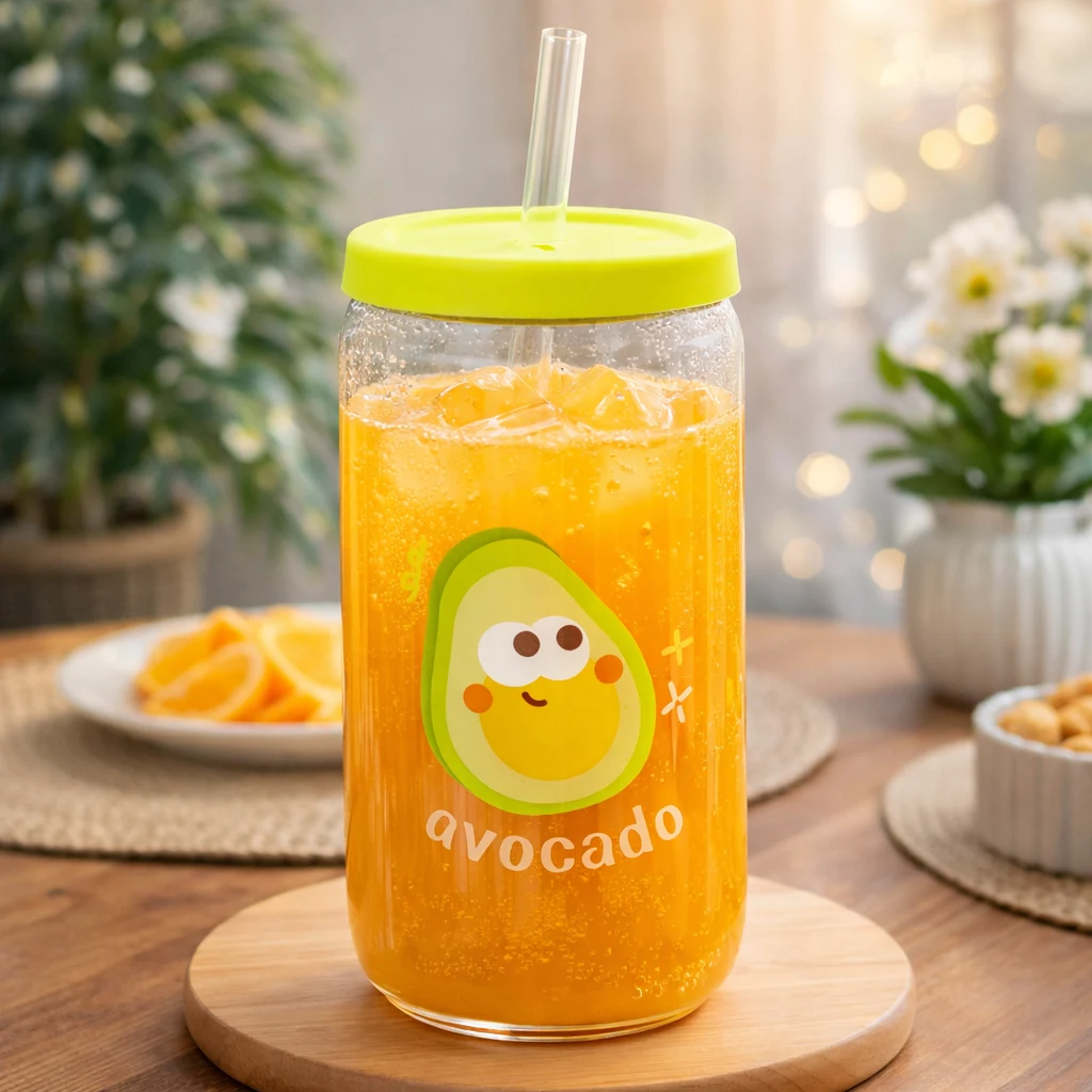 Children Glass Cup Drinking Mugs Glass Tumbler Milk Cup with Straw Silicone Lid Handle for Kids